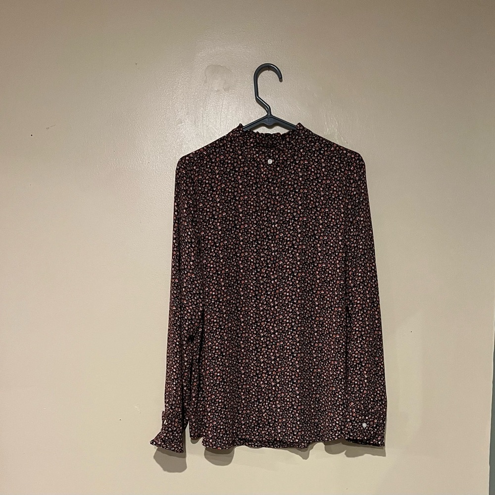 Ann Taylor Loft Womens Size L Mock Neck Long Sleeve Ruffles Button Up Blouse